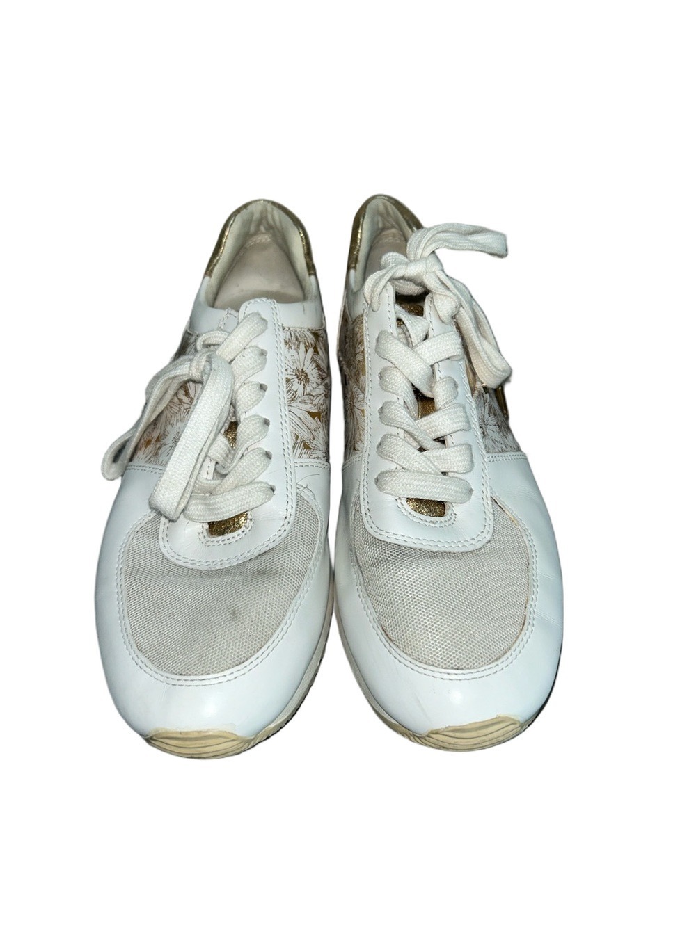 Michael Kors: Allie Trainer: White and Gold Women's Lace-Up Sneakers: Size 7.5